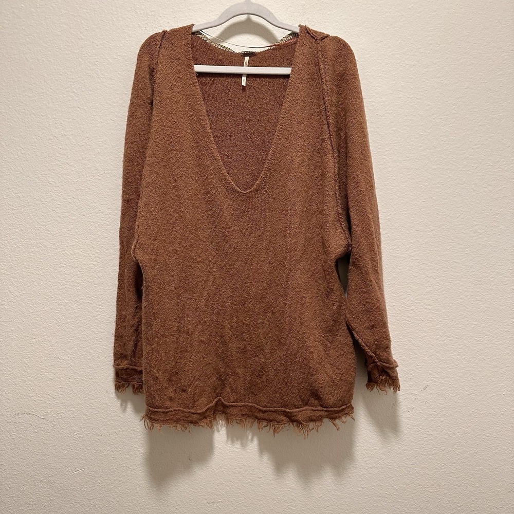Free People Oversized‎ Brown Wool Linen Sweater Size S Boho Cozy Neutral